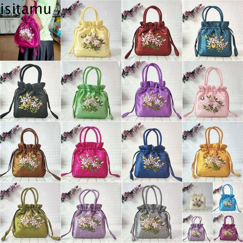ISITAFT Hanfu Drawstrings Bag, Satin Silk Leaf เย็บปักถักร้อยดอกไม้กระเป๋าถือ,แฟชั่นกระเป๋าเก็บกระเป๋าช้อปปิ้งเกาหลีกระเป๋าใบเล็กกระเป๋าสตางค์ทุกวัน