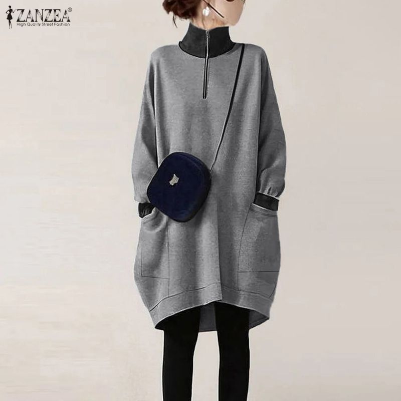 ZANZEA ชุดเดรสสเวตเตอร์คอสูงแขนยาว สไตล์เกาหลี ดีไซน์ patchwork และซิป — صورة 6