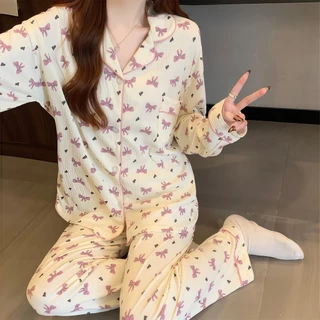 PAJAMAS HOMEWEAR ชุดนอนสองชิ้น ชุดนอนผู้หญิงขายาว ชุดนอนแขนยาวผ้านิ่ม 🌙 มีหลายไซต์ อก 32-48 นิ้ว W210