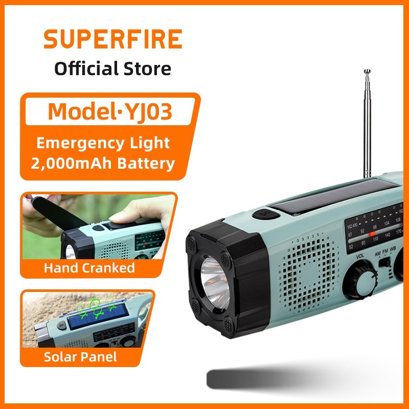 SUPERFIRE YJ03 ไฟฉายฉุกเฉินอเนกประสงค์ แบตเตอรี่ 2000mAh กำเนิดพลังงานมือหมุนและโซลาร์เซลล์ ไฟทำงาน
