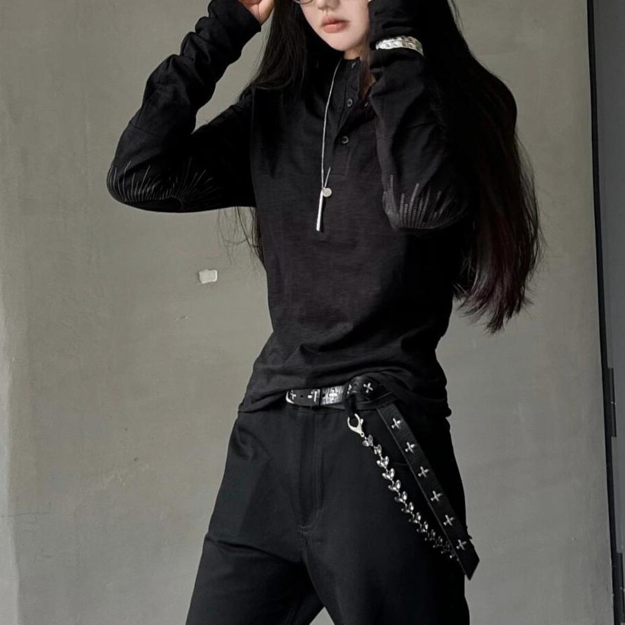 2026แฟชั่น2026อินเทรนด์อเมริกันสีดําแขนยาวเสื้อยืดผู้หญิง2025การออกแบบฤดูใบไม้ร่วงความรู้สึกกระดุมแถวเดียวSlim-Fit Slimmerดูครึ่งเปิดปกด้านบนCOD 1OVH - รูปที่ 3