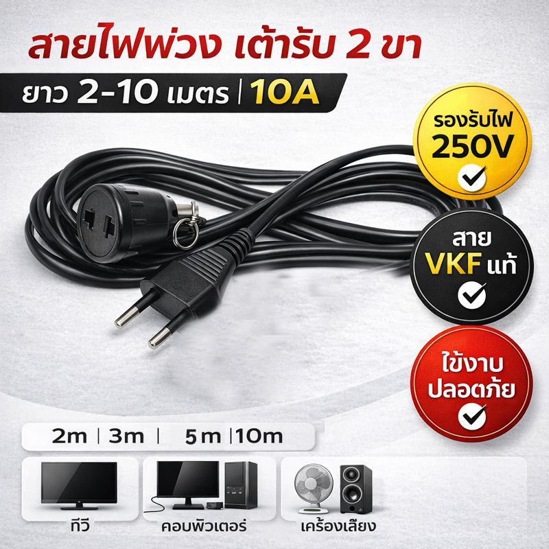 ชุดสายไฟพ่วง เต้ารับ 2 ขา 10A สายยาว 2-10 เมตร VKF 2*0.5 Sqmm ปลั๊กพ่วงไฟบ้าน
