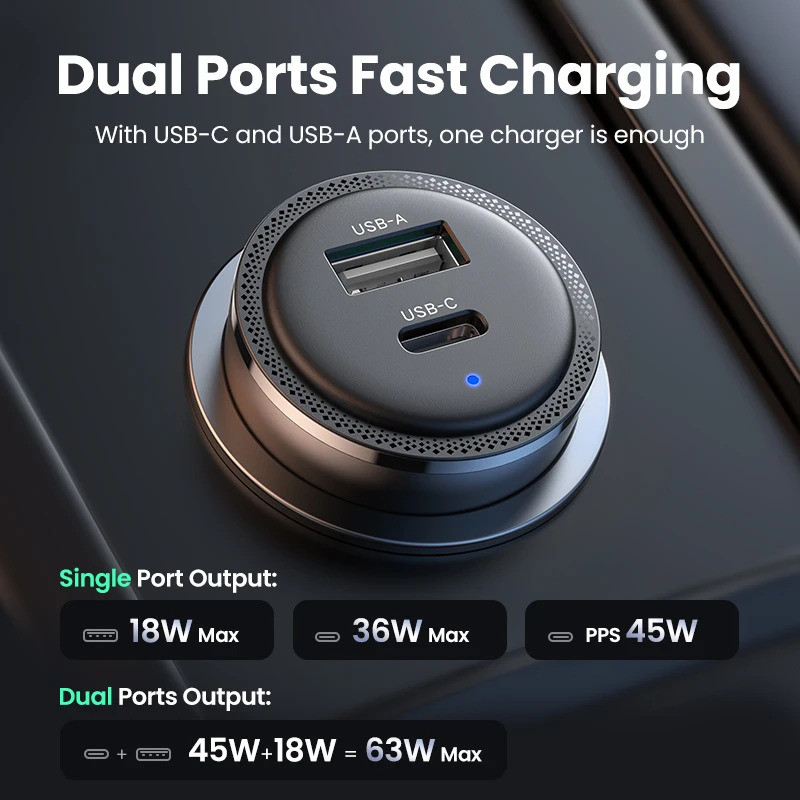 ใหม่ใน 63W Car Charger PD QC 3.0 PPS 45W USB Type C Fast Charging เครื่องชาร์จโทรศัพท์มือถือ Y