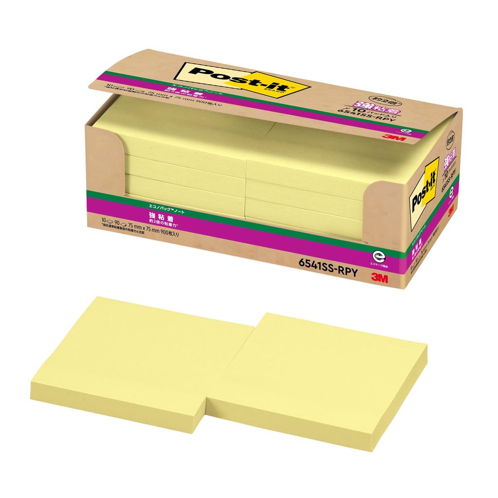 3M Post-it Notes Strong Adhesive Large Yellow 75×75mm 90 Sheets × 10 Pads 6541SS-RPY Eco Mark Certif