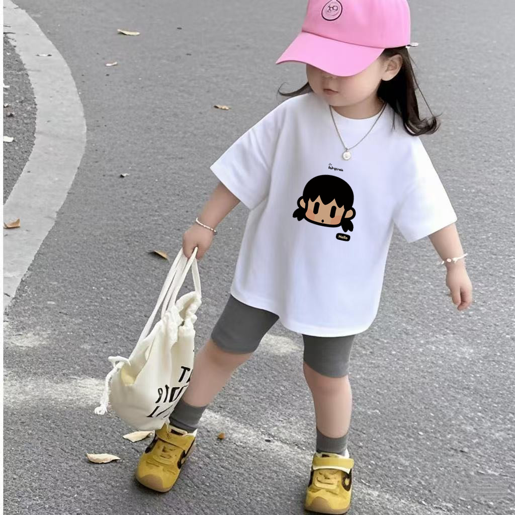 ปลาค็อด 2026สาวแขนสั้นฤดูร้อนรูปแบบใหม่การ์ตูนพิมพ์รอบคอครึ่งแขนเสื้อ จุดต่ําสุด ทารกสบายๆกางเกงห้าจ