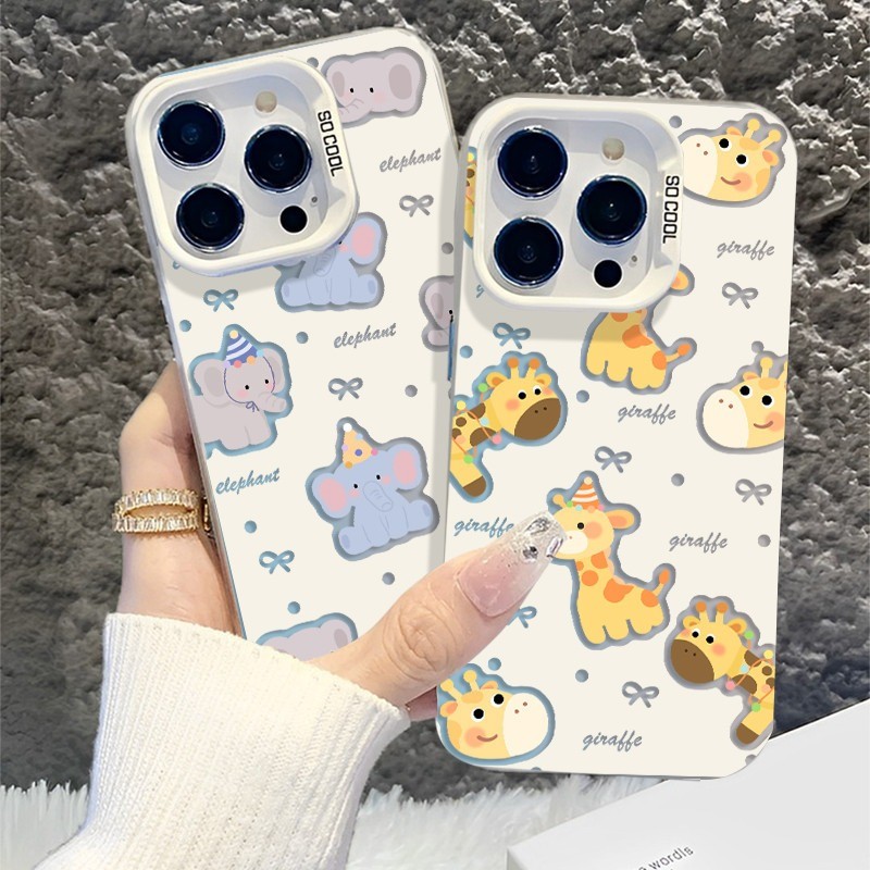 เคสแข็งลายการ์ตูนช้างและยีราฟน่ารัก สำหรับ iPhone 7 PRO MAX XS XR 6 11 12 13 14 15 PLUS