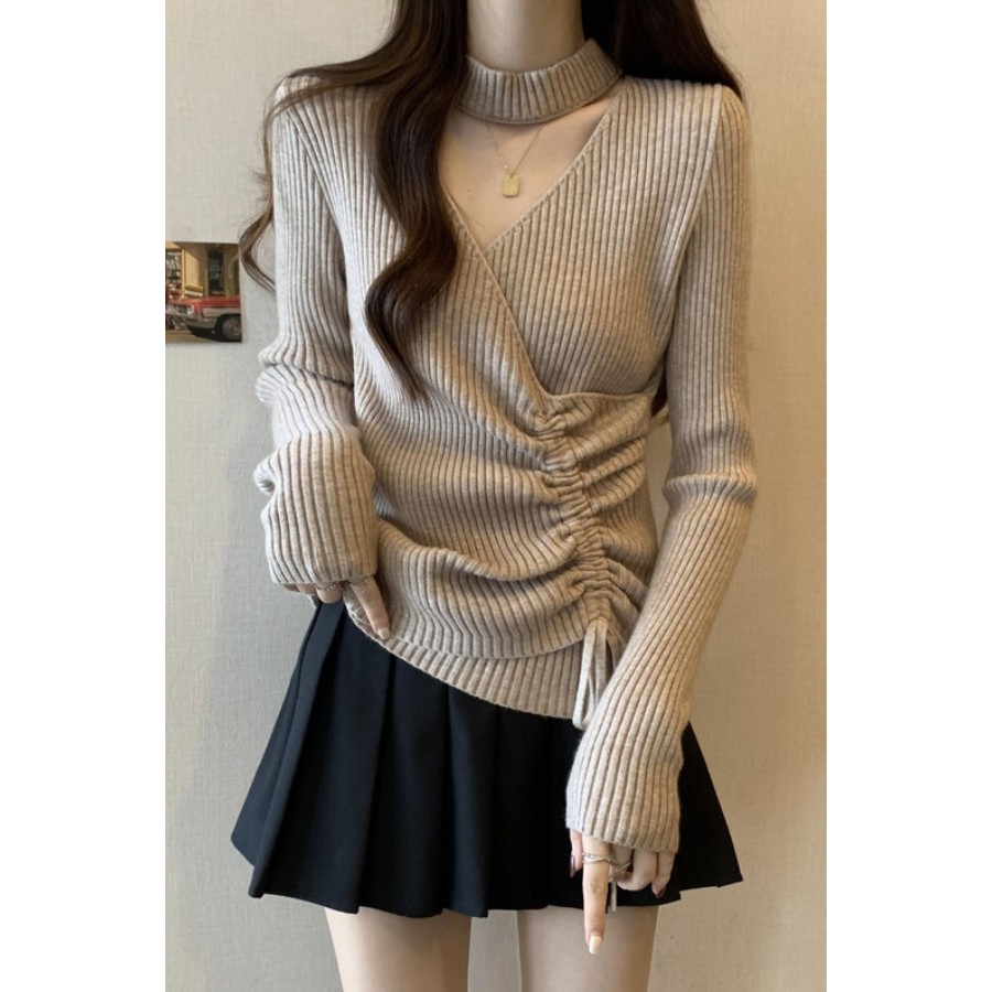 2026 แฟชั่น 2026 ขนาดใหญ่ Drawstring v คอออกแบบ Slimmer ดูแขนยาวถัก Bottoming เสื้อผู้หญิงไขมัน mm ป