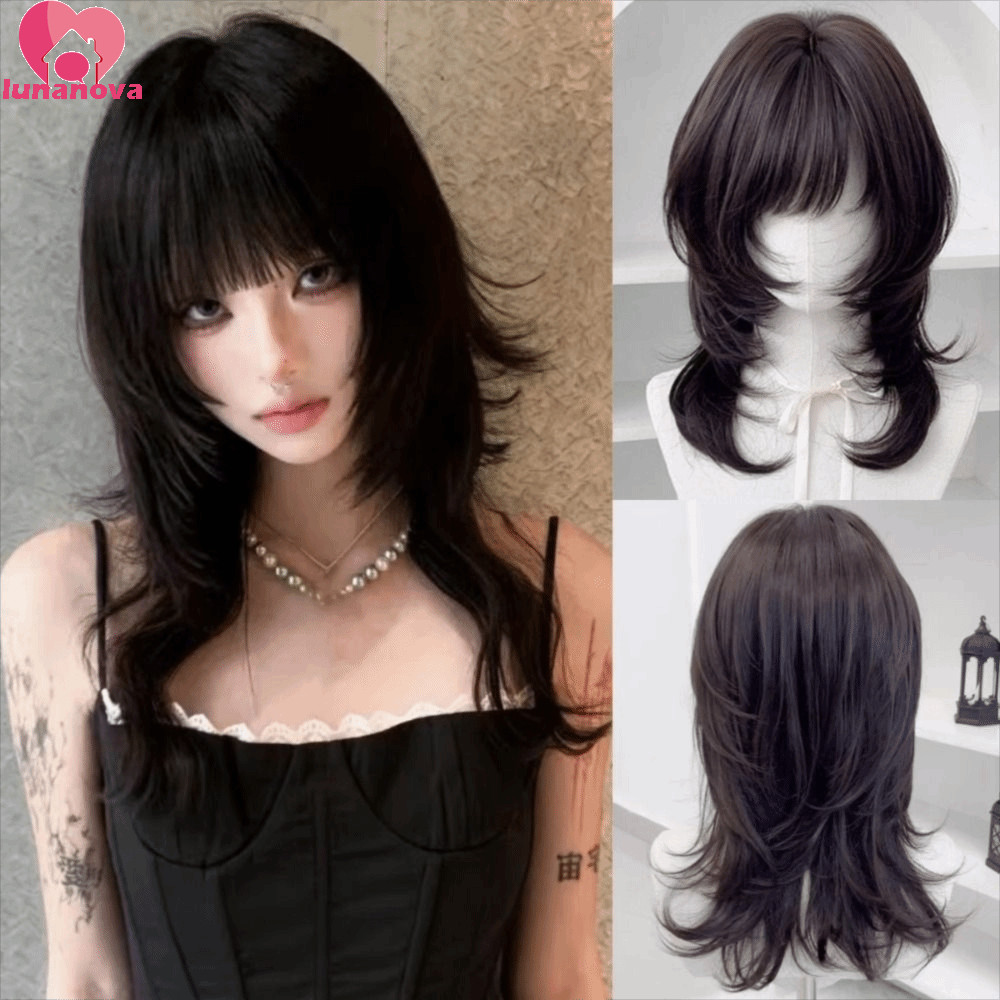 LUNANOVA ปานกลางตรง Layered วิกผม,สีน้ําตาลสีดําแมงกะพรุนธรรมชาติวิกผม Bangs, Full Head Wolf Cut Hai