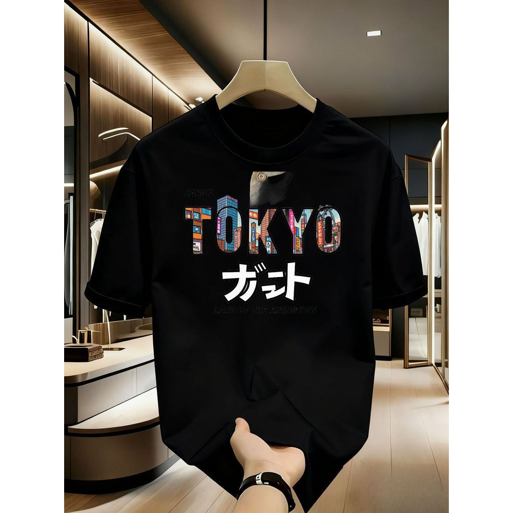ท็อคิวโป ญี่ปุ่น เสื้อยืดกราฟิกผู้ชาย - พิมพ์ธงและพระอาทิตย์ขึ้นพร้อมสถานที่สำคัญ หลากสี สบายๆ