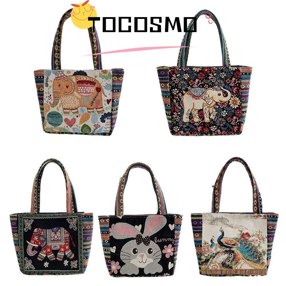 โทคอสโม 1ชิ้นเย็บปักถักร้อยกระเป๋า,อินเทรนด์ช้างนกยูงกระต่ายผ้าใบกระเป๋าถือ,แฟชั่นถุงเก็บสัตว์สไตล์ชาติพันธุ์กระเป๋าสะพายโท้