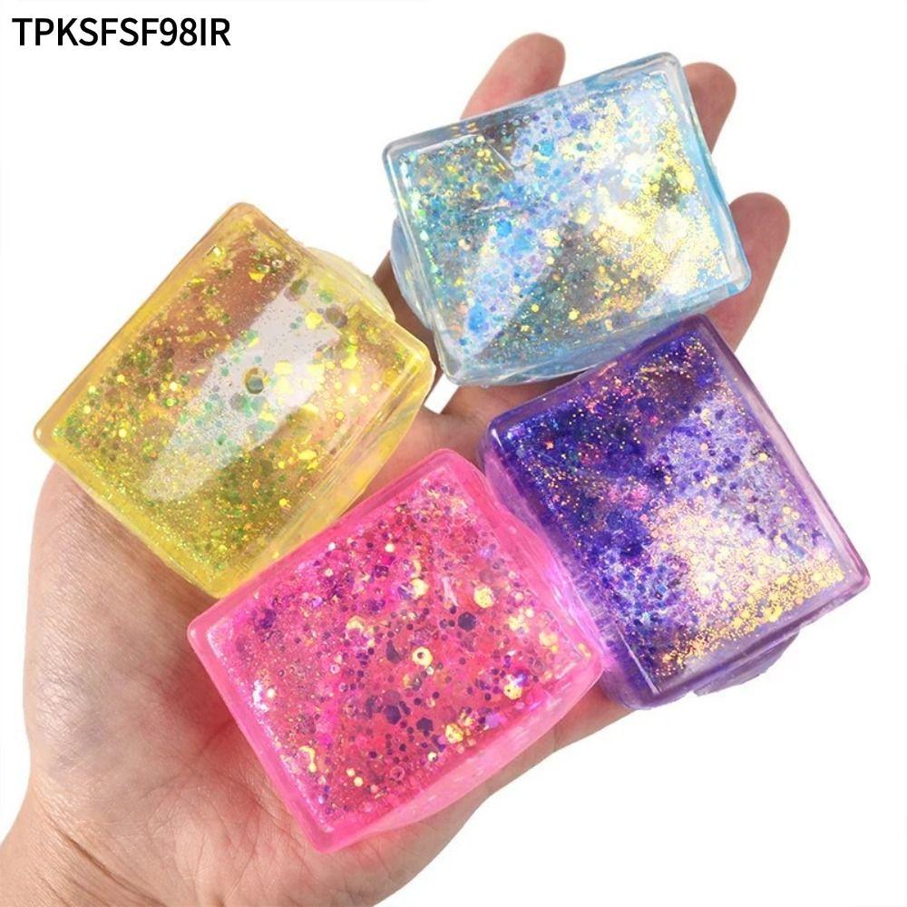 TPKSF98IR Glitter Squishy Cube, Soft Texture Decompression Gel Ice Cube, Creative Malt Sugar Slow Ri