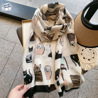 ผ้าพันคอลายแมว สไตล์อินสตาแกรม😺ผ้าฝ้ายลินินขนาดใหญ่ บางเบา ก…