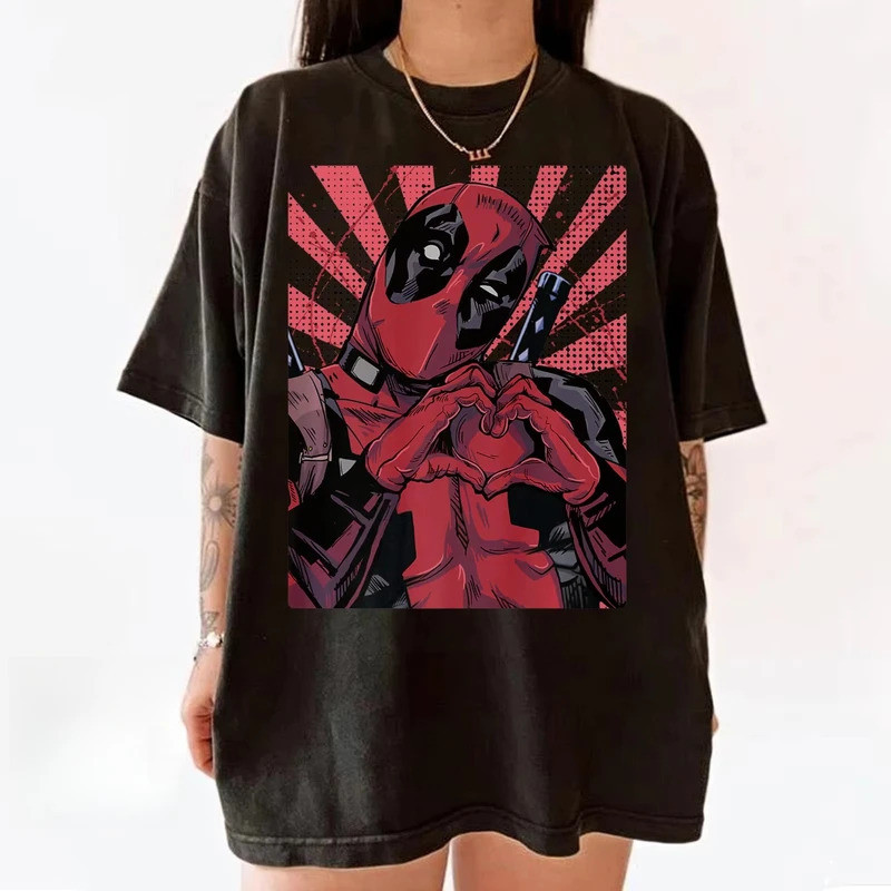 Marvel 2026 ใหม่ Marvel Deadpool Heart พิมพ์มือปิดขนาดใหญ่หลวม Retro Y2K คอ Krew Lelk