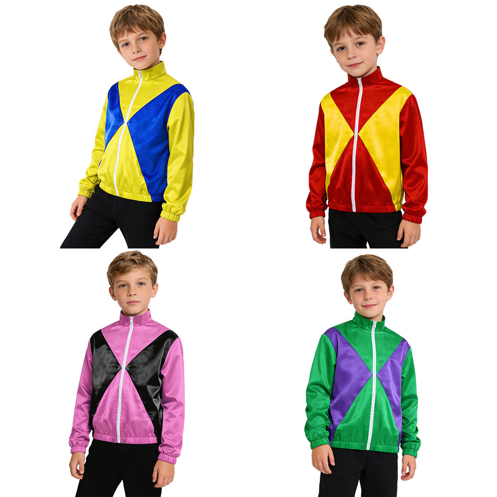 Aislor Kids Horse Rider เครื่องแต่งกายสีบล็อกออกแบบ Mock คอยืดหยุ่น Cuffs แขนยาว Zip-Up Outwear Top 
