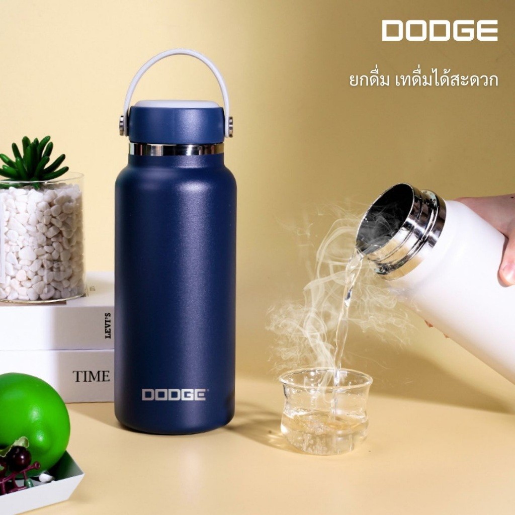DODGE กระบอกน้ำสแตนเลสแบบเทดื่ม 750ml / 1000ml เก็บร้อนเย็น มีหูหิ้ว ฝาปิดแน่น สีมินิมอล