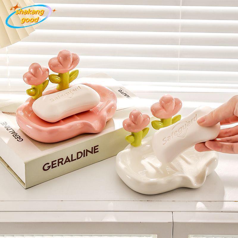SKTH Creative ดอกไม้สบู่กล่องระบายน้ําลื่นจานสบู่อุปกรณ์ห้องน้ํา Sea White ผู้ถือสบู่สําหรับ Home Bath SKK