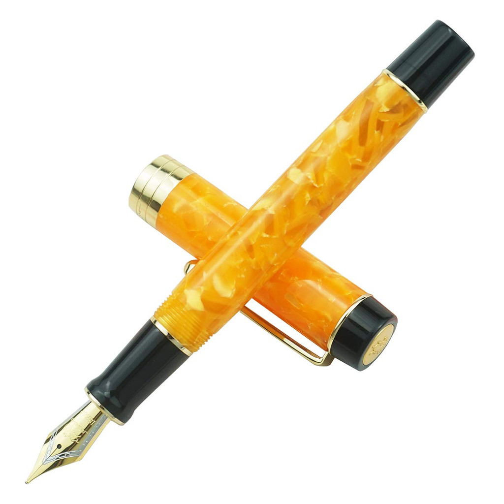 (Jinhao) Jinhao 100 ปากกาหมึกซึมคลาสสิก สีส้มมาร์เบิลเซลลูโลส ปากกาแบบละเอียด พร้อมตัวแปลงและกล่องปา
