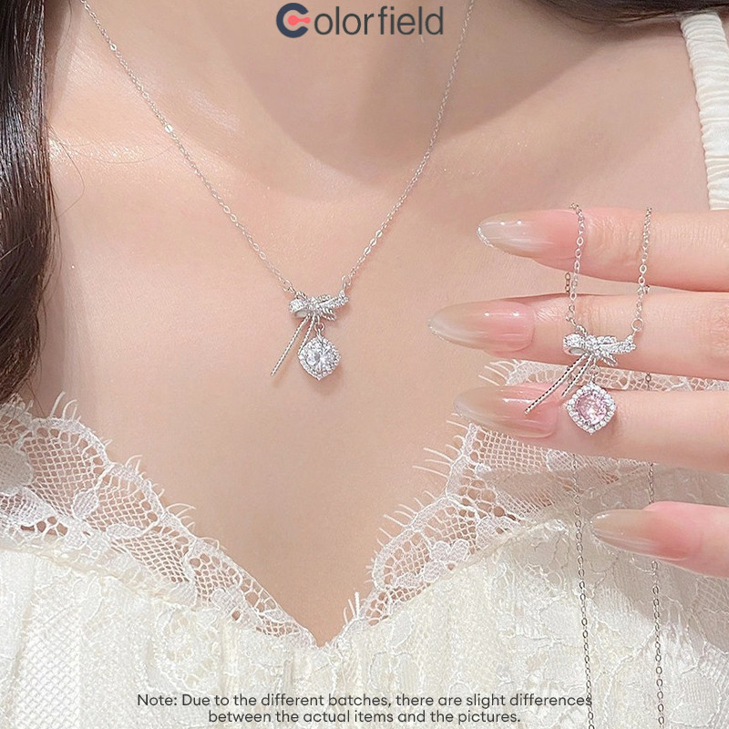 Colorfield 2026ใหม่ สร้อยคอ สแควร์ ประดับโบว์ ระดับไฮเอนด์ ประดับเพชร สำหรับผู้หญิง เครื่องประดับผมแฟชั่น -COD💖