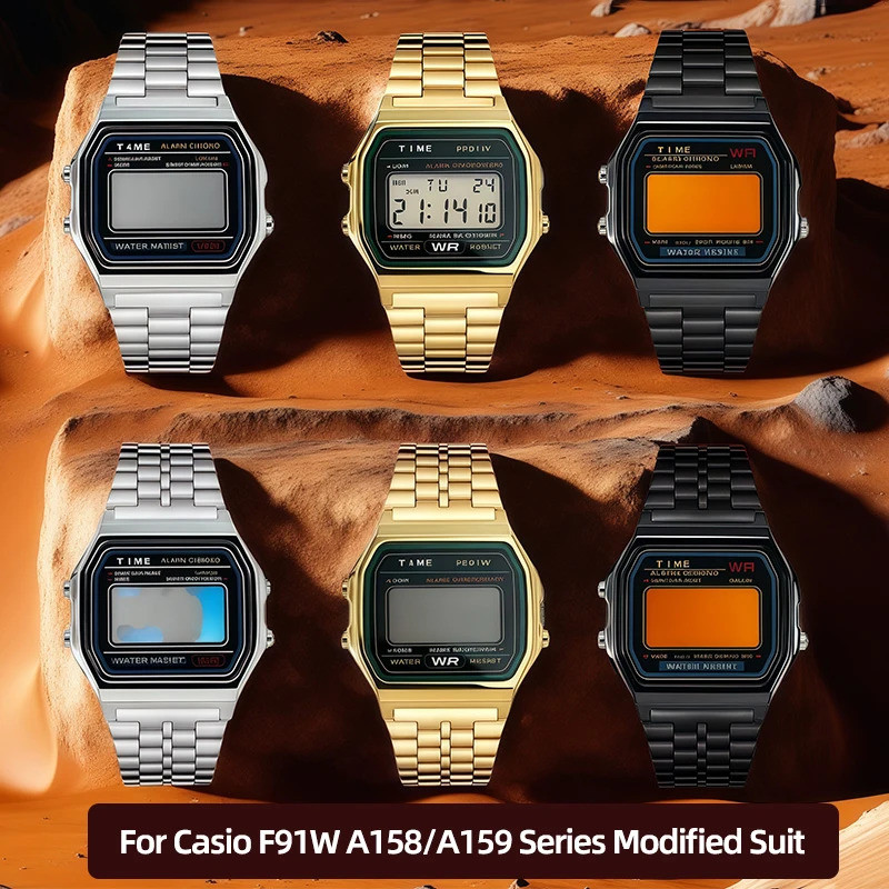 F91W กรณี mod ชุดสแตนเลสโลหะ Bezel นาฬิกา + Strap สําหรับ Casio F91W A158/A159 Series ดัดแปลงชุดสายน