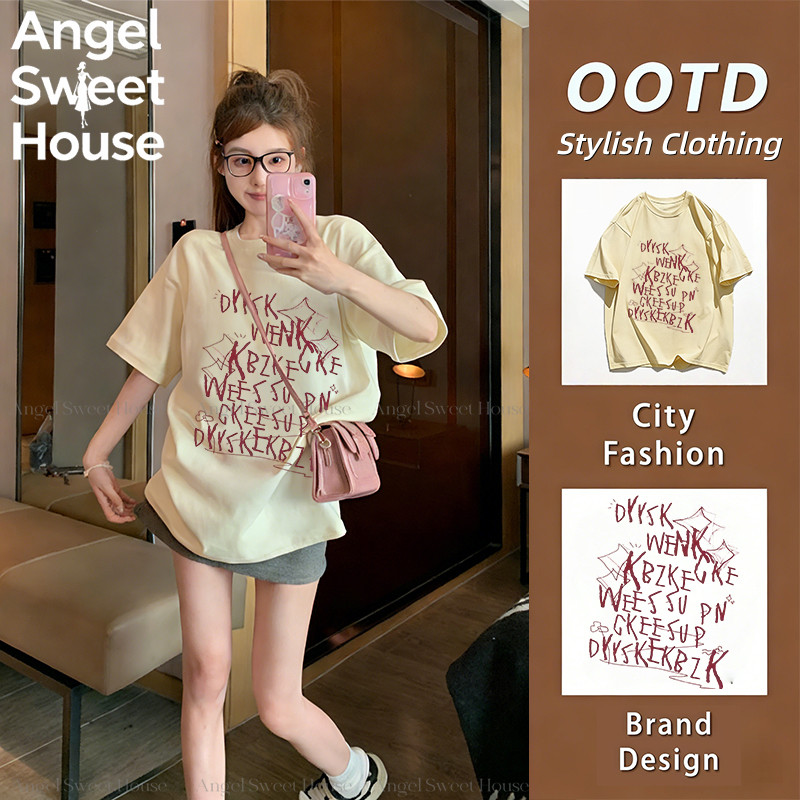 (จัดส่งตลอด 24 ชั่วโมง）AngleOfficial 【ส่งจากไทย】เสื้อยืดสไตล์เกาหลีแบบใหม่ ท็อปส์ซูผู้หญิง ลายสวย ผ้