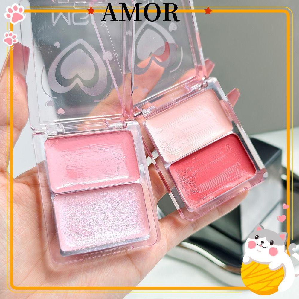 AMOR Cream Blush, 2 สี Moisturizing Water Light Cheek Blush, แบบพกพา High Gloss ติดทนนานแต่งหน้ากันน