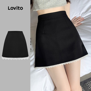 Lovito  กระโปรงลําลองลูกไม้ฤดูใบไม้ผลิ/ฤดูร้อนสีดําสําหรับผู…