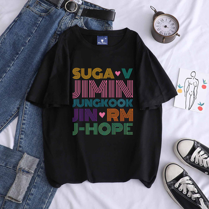 Baju BTS  jungkook jimin v j-hope RM jin  BTS เสื้อยืดพิมพ์ลาย Kpop Merch ผ้า แขนสั้น ทรงโอเวอร์ไซซ์