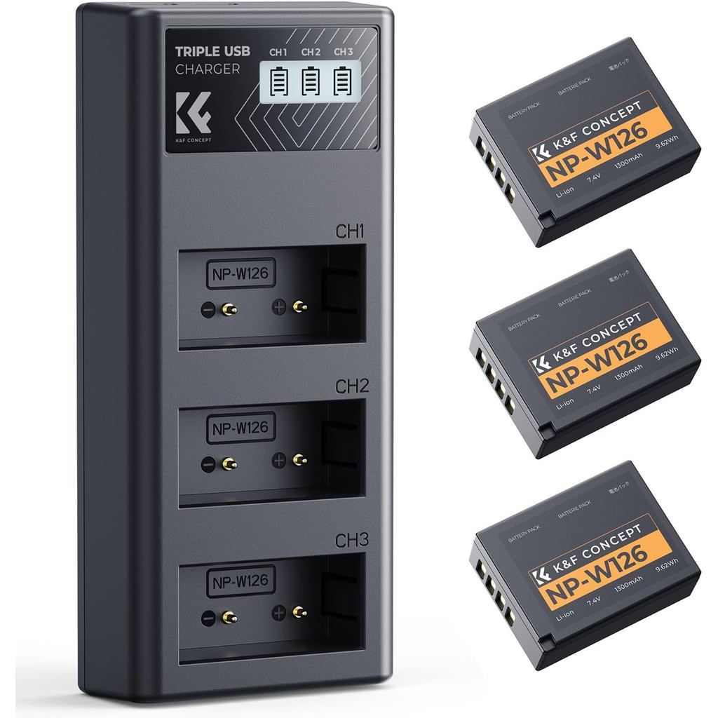 K&F CONCEPT 3-Pack NP-W126S แบตเตอรี่และอัพเกรด 3-Slot X Half Battery Charger ใช้งานร่วมกับ Fujifilm