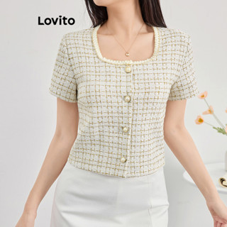 Lovito เสื้อเบลาส์ทรงสวยเก๋ กิงแฮม แจ็คการ์ด กระดุม เสื้อเบล…