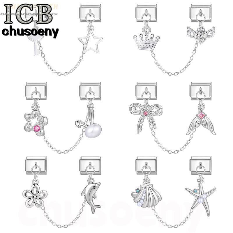 สีชมพูเศษไม้เสน่ห์โบว์อิตาลี สร้อยข้อมือสแตนเลส ขนาด 9 มิลลิเมตร เครื่องประดับทำเอง อุปกรณ์ย้อนยุค โมดูลสร้อยข้อมือ