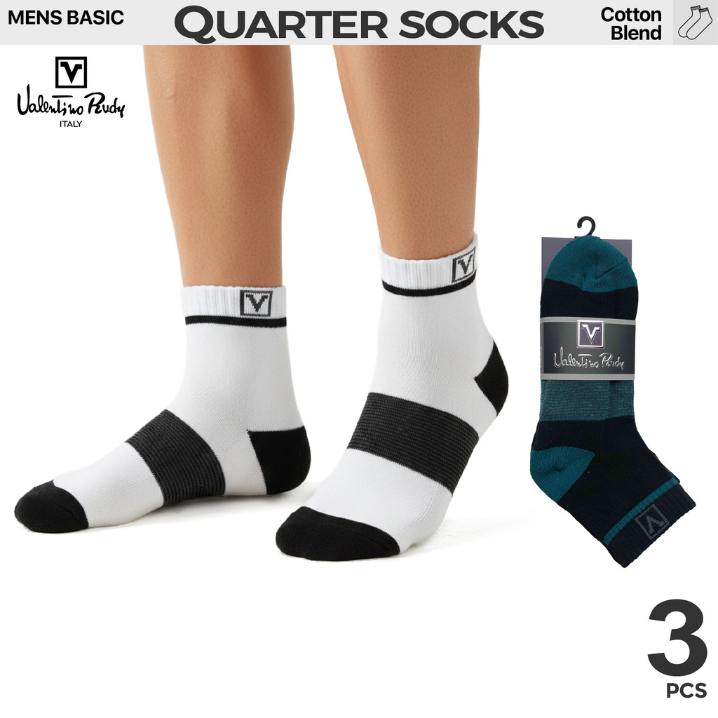 VALENTINO RUDY Mens 3 in 1 Pack Cotton Blend Half Terry Quarter Socks VRH 3310-3 (คละสี) Stokin Lela