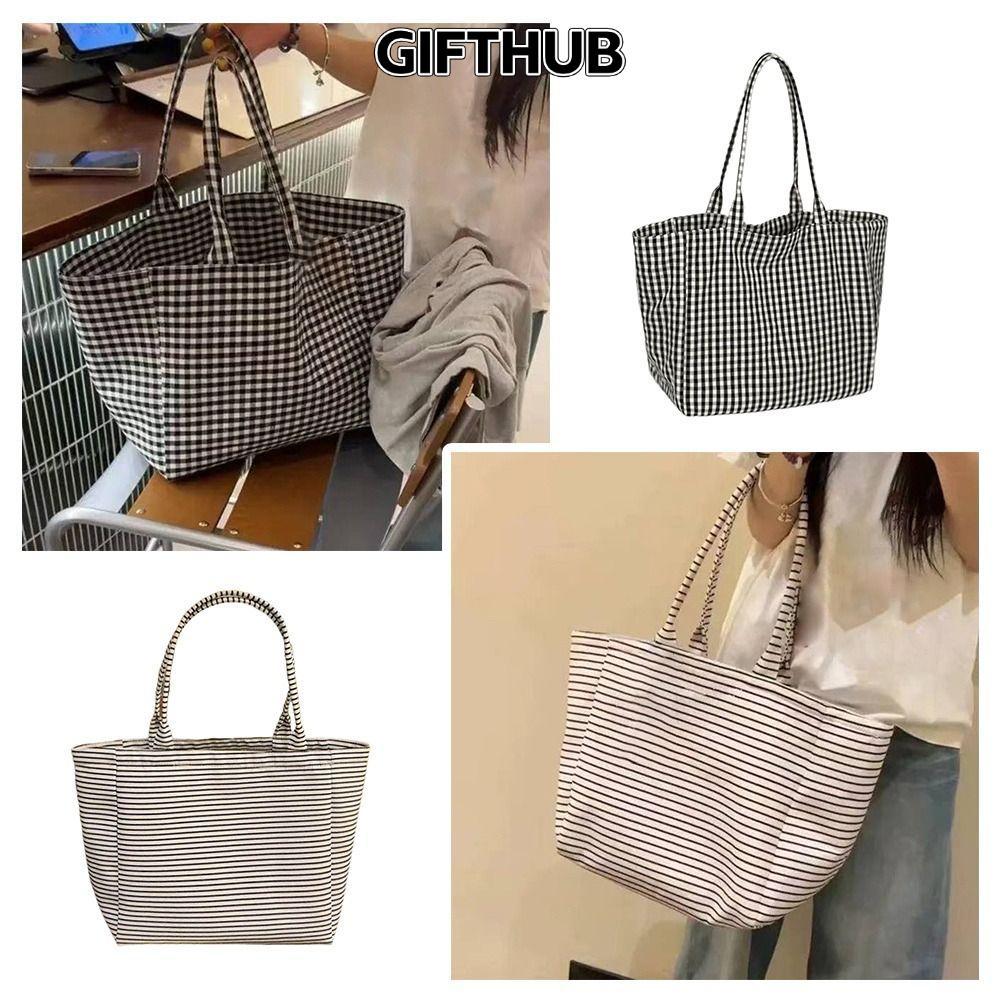 GIFTHUB ของขวัญพิเศษ! กระเป๋าโท้ทผ้าแคนวาส ลายจุดและลายเส้น พิมพ์อย่างสวยงาม ขนาดใหญ่ สำหรับใช้งานประจำวัน