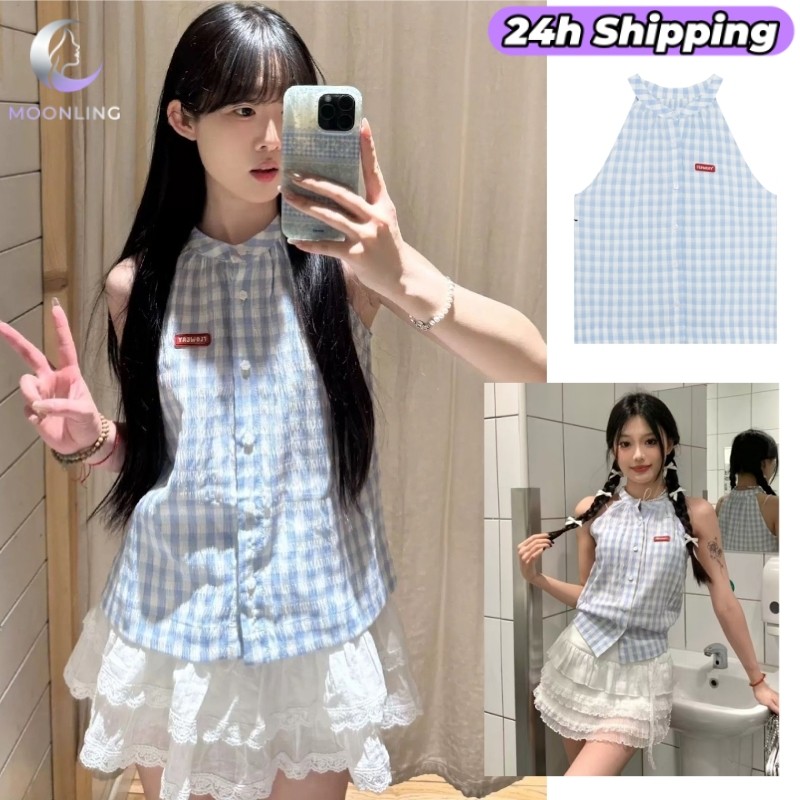 MOON 'พร้อมส่ง' เสื้อแขนกุด ลายสก็อตติดกระดุม ดีเทลปักตัวหนังสือ คาวาอี้ สไตสาวเกว FY6509