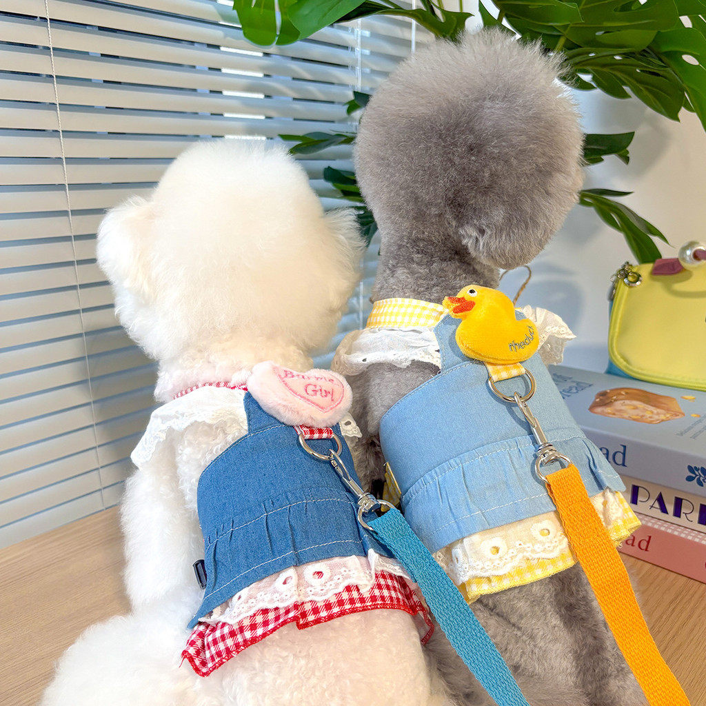 ฤดูใบไม้ผลิสัตว์เลี้ยงผ้ายีนส์หน้าอกกลับแมวสุนัขเสื้อผ้าเจ้าหญิงกระโปรงการ์ตูนฉุดกระโปรง