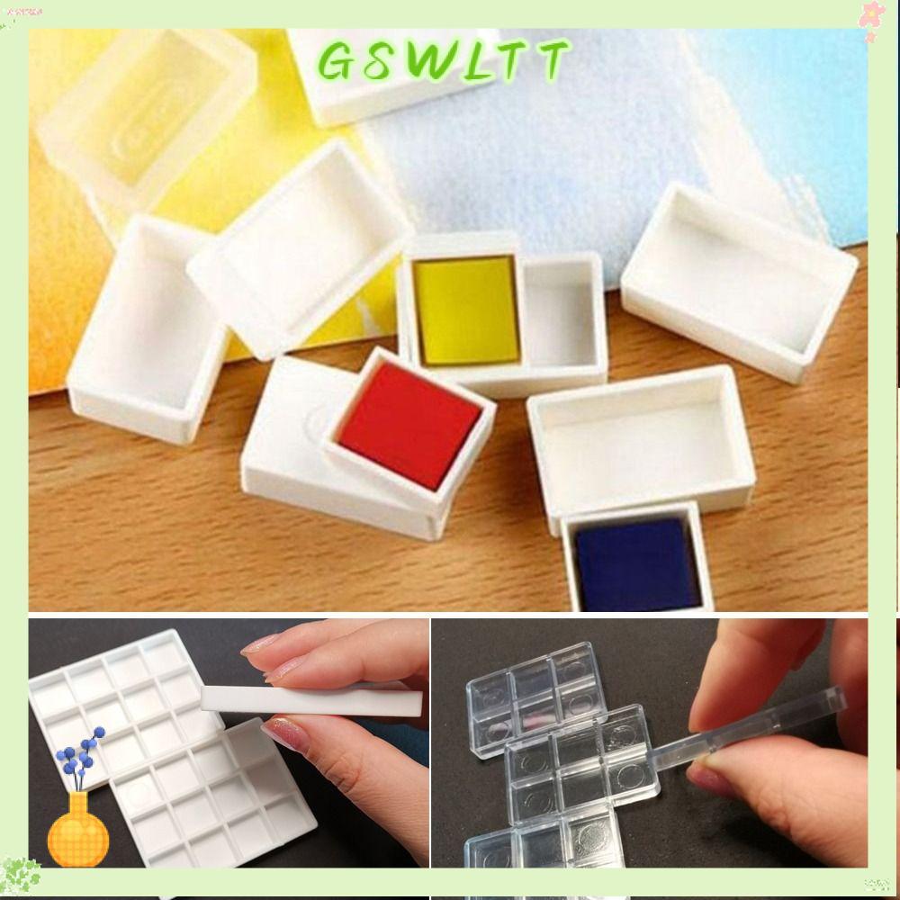 GSWLTT 5/20/50 ชิ้น กล่องเปล่าครึ่งกระทะเล็ก ทรงสี่เหลี่ยมผืนผ้า มินิ ขนาดเม็ดพลาสติกสีขาวใส พกพา สําหรับสีน้ํา สีน้ํามัน