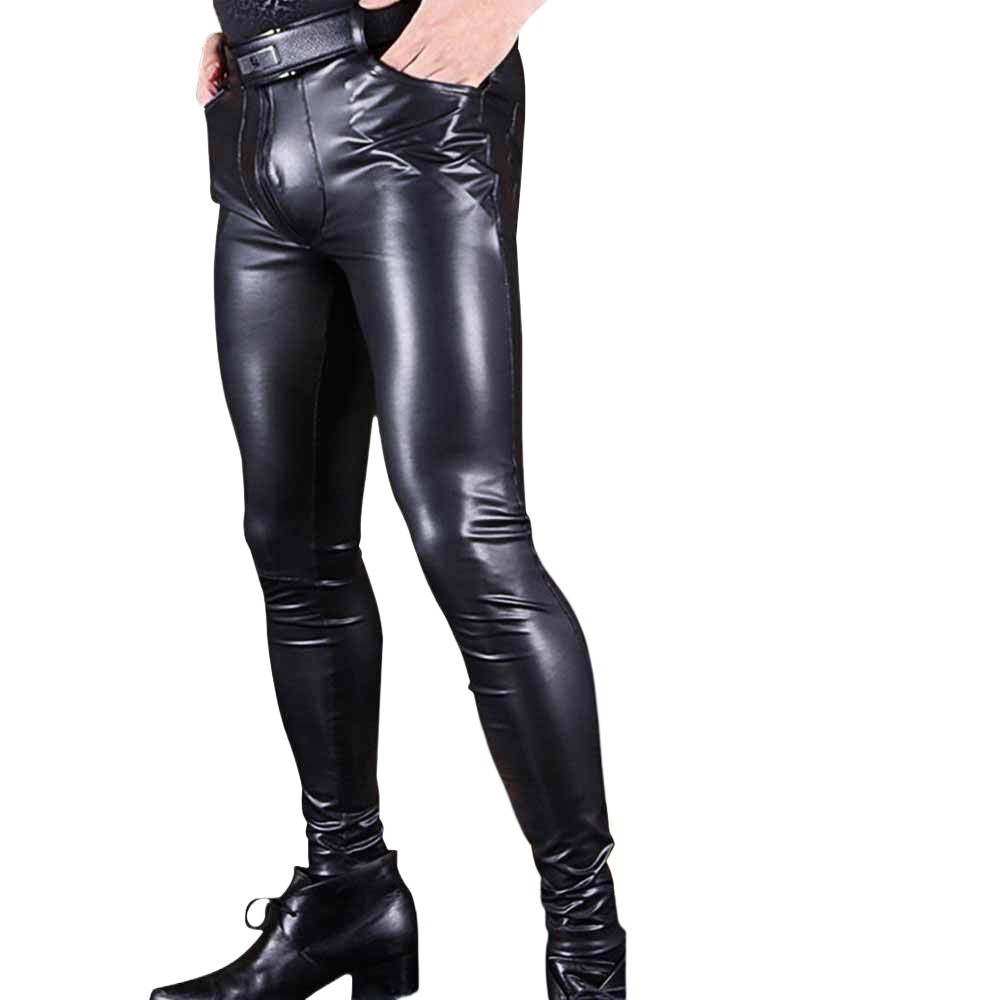 Mens Stretch PU Leather Pants Slim Fit Biker Boot Pants High Elasticity Fashion Casual Pants