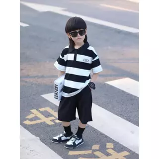 [Cotton Life] ชุดเสื้อโปโลกางเกงขาสั้นลายทาง สำหรับเด็กชาย 0-4 ขวบ ผ้าฝอน
