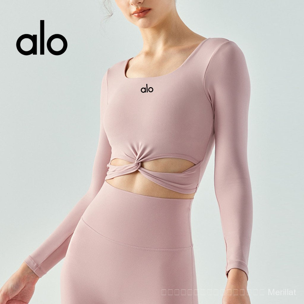 [ของแท้] Alo yoga yoga Clothes Semi-Fixed Water Drop Cup Skinny Nude Long-Sleeved Top Short Breathab