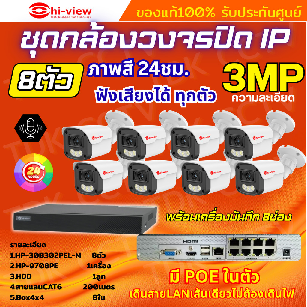 Hiview ชุดกล้องวงจรปิด 3 ล้านพิกเซล 8ตัว IP ระบบPOE สี24ชม.ฟังเสียง ไม่ต้องเดินสายไฟ ติดตั้งง่าย ภาพ