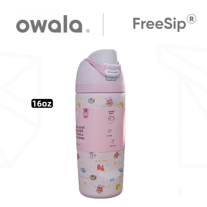Owala Freesip Kids ขวดน้ํา 16 ออนซ์, สแตนเลสหุ้มฉนวน, ฝาฟางป้องกันการรั่วพร้อมที่จับ – สูญญากาศติดผนังคู่สําหรับโรงเรียนและกีฬา
