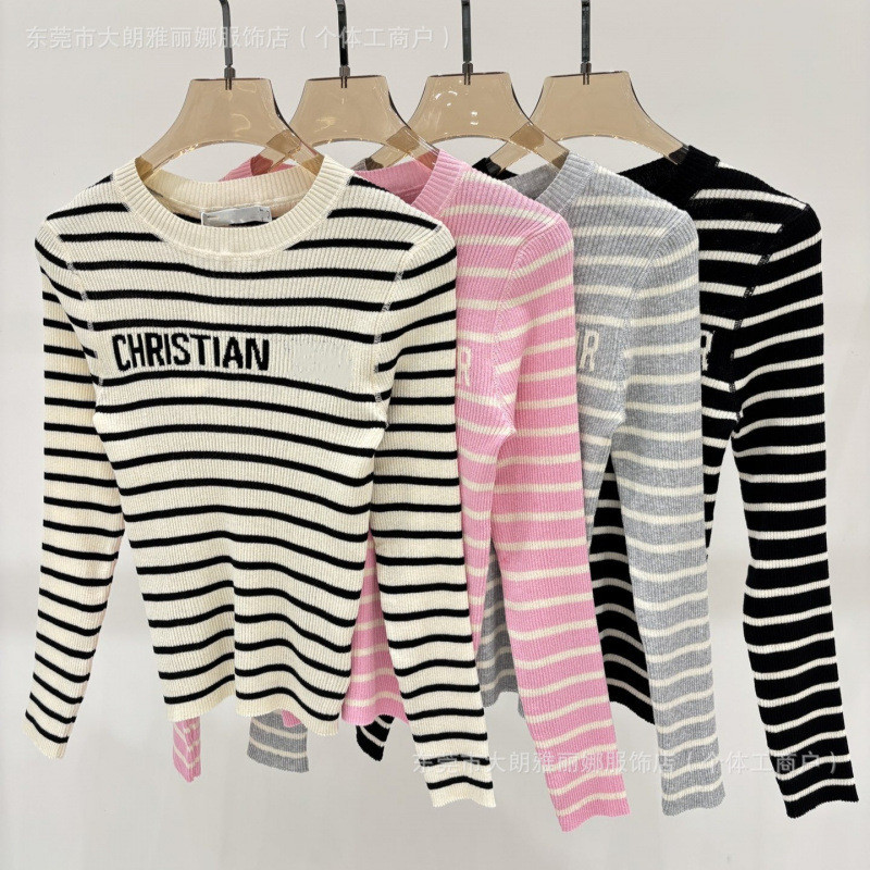 M8KR D**r 25Early spring new embroidered wool round-neck striped short-sleeve women's knit top T Sli