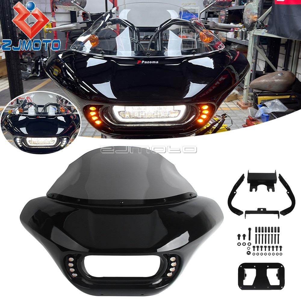 TC Front Mask Headlamp Windshield w/Baja Design Dual LP4 Lighting Bracket Mount For Harley Dyna Low 
