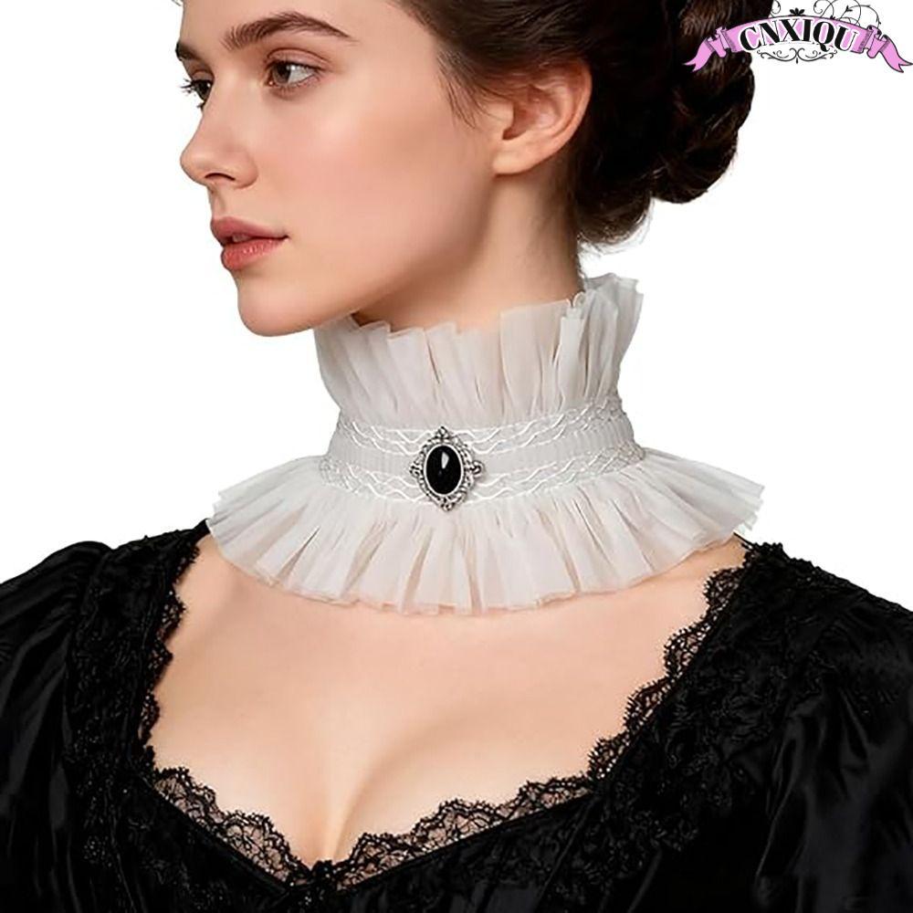 CNXIQU Gothic Collar, Ruffle สีดําสีขาวลูกไม้ Jabot Collar, เครื่องประดับคอ Victorian สไตล์อัญมณีตกแ