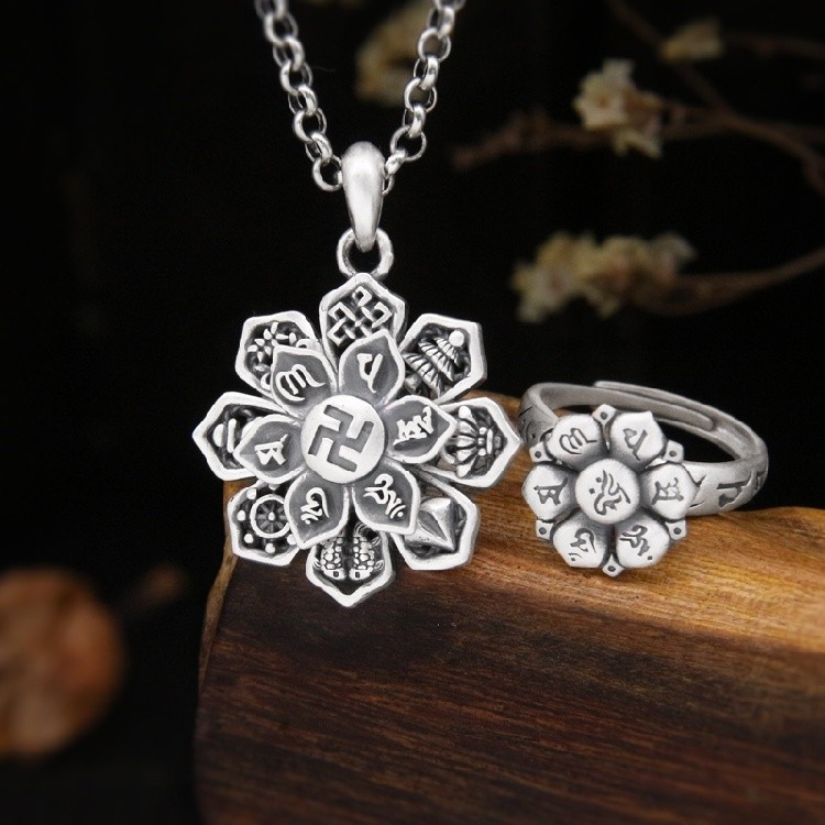 New Product#S999Pure Silver Lotus Six Mantras Pendant Ring for Women, Vintage Rotatable Buddhist Eig