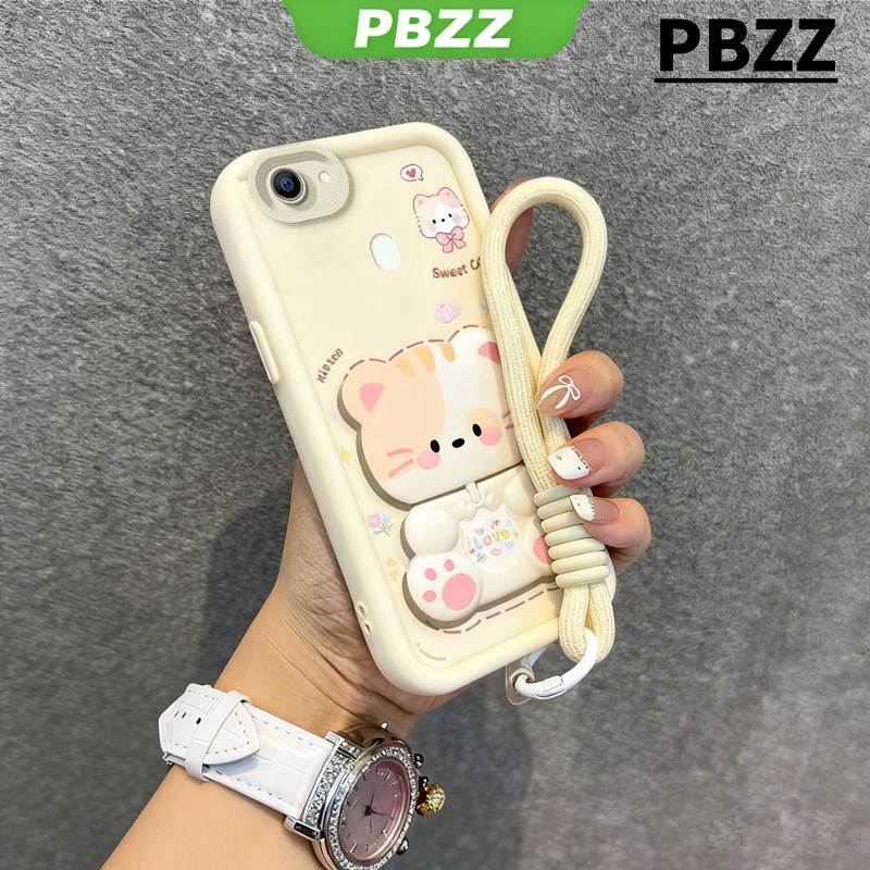 PBZZ PBZZ สําหรับ OPPO F5 a37 a83 F7 เคสโทรศัพท์ Softcase Cover ออกแบบใหม่ความงามน่ารักแมวแต่งหน้ากระจกผู้ถือและเชือกเส้นเล็กสําหรับชายสีดํา JTDTMZJ04