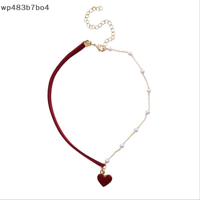 WPB สร้อยโชคเกอร์ไข่มุกไม่สมมาตรสำหรับผู้หญิงสร้อยคอรูปหัวใจสีแดงของขวัญเครื่องประดับที่มีเสน่ห์