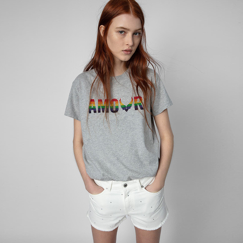 RRRI ZADIG&VOLTAIRE 22夏季新款法式风格渐变色彩虹字母拔印印花烫钻女式短袖T Shirt