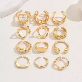 ชุดแหวน 12 ชิ้น มุกจำลอง เครื่องประดับสไตล์ตะวันตกมินิมอลสำหรับผู้หญิง