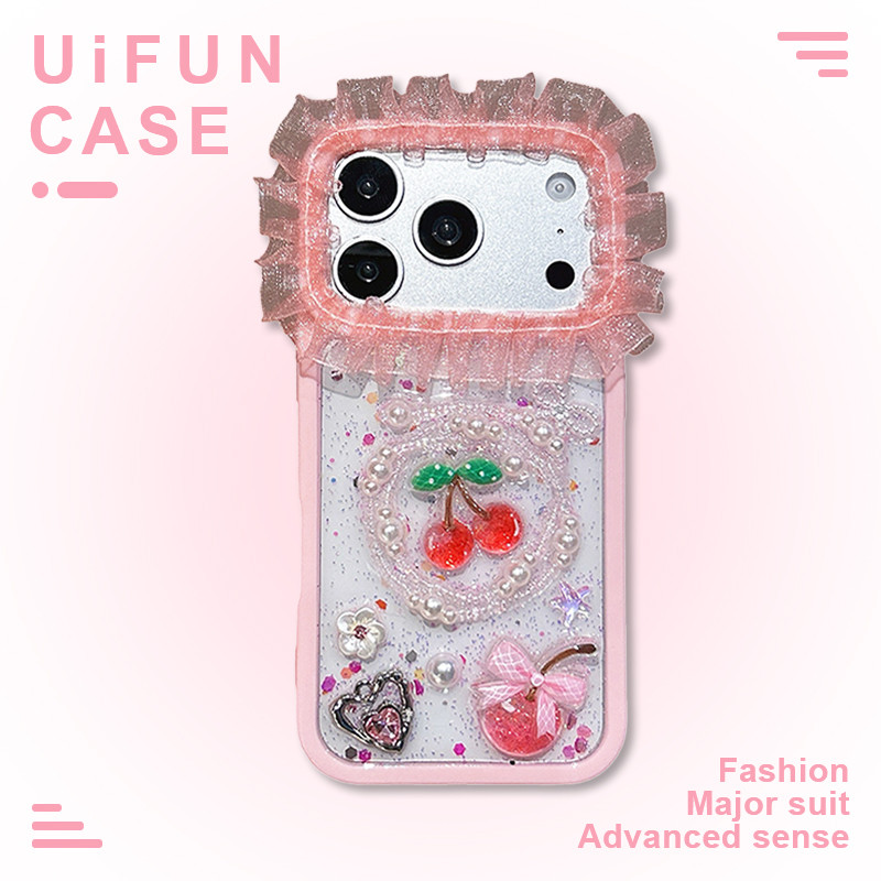 เกาหลี3งมุกเชอร์รี่สีชมพูลูกไม้กล้องชายแดนเคสโทรศัพท์เข้ากันได้สําหรับ ไอโฟน 17 16 15 14 มือโปร สูงสุด 13 17มือโปร กันกระแทกอะคริลิฮาร์ดพีซีปกหลังเปลือก