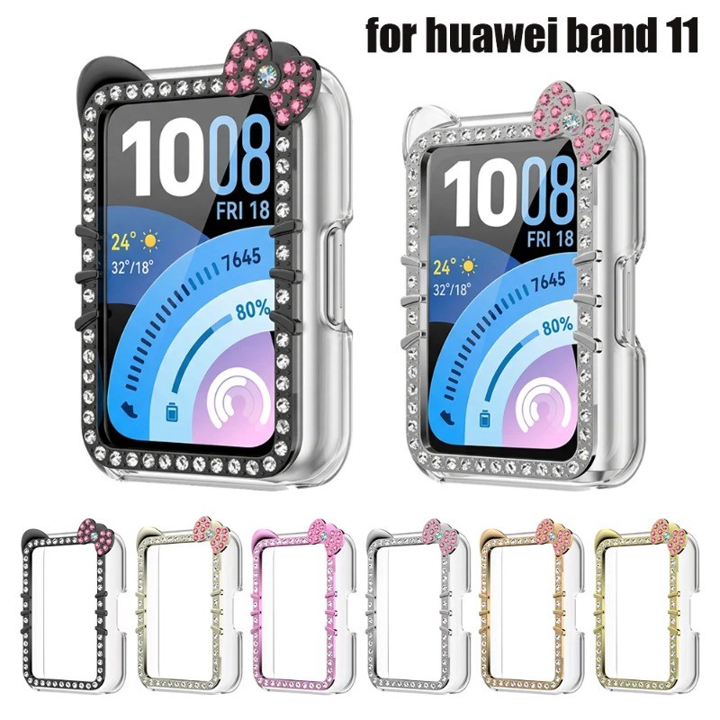 หรูหราแมวน่ารัก Bling Diamand นาฬิกาสําหรับ Huawei Band 11 นาฬิกากรอบกันชนสําหรับ Huawei Band11 การ์ตูน Hollow PC Clear Case
